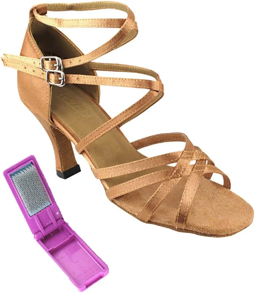 Very Fine Dance Shoes - Ladies Latin, Rhythm, Salsa, Waltz Ballroom Dance Shoes - 5008-2.5-inch Heel and Foldable Brush Bundle - Brown Satin - 9