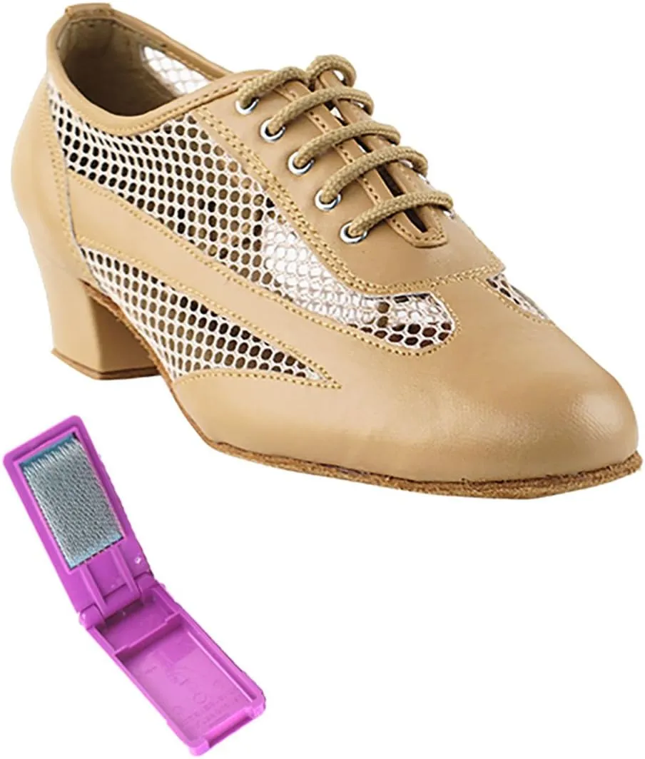 Very Fine Dance Shoes - Ladies Practice, Cuban Low Heel Ballroom Dance Shoes - 2009-1.5-inch Heel and Foldable Brush Bundle - Beige Brown Leather - 9.5
