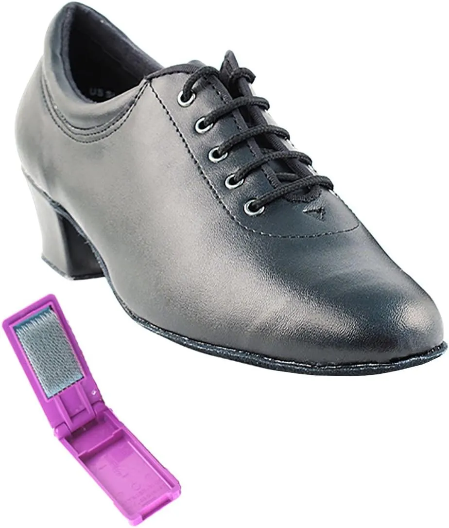 Very Fine Dance Shoes - Ladies Practice, Cuban Low Heel Ballroom Dance Shoes - 2601-1.5-inch Heel and Foldable Brush Bundle - Black Leather - 5