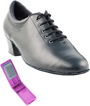 Very Fine Dance Shoes - Ladies Practice, Cuban Low Heel Ballroom Dance Shoes - 2601-1.5-inch Heel and Foldable Brush Bundle - Black Leather - 5
