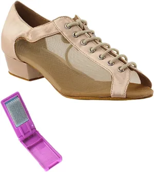 Very Fine Dance Shoes - Ladies Practice, Cuban Low Heel, Waltz Ballroom Dance Shoes - 1643FT - 1-inch Heel and Foldable Brush Bundle - Flesh Satin - Flesh Mesh - 9.5