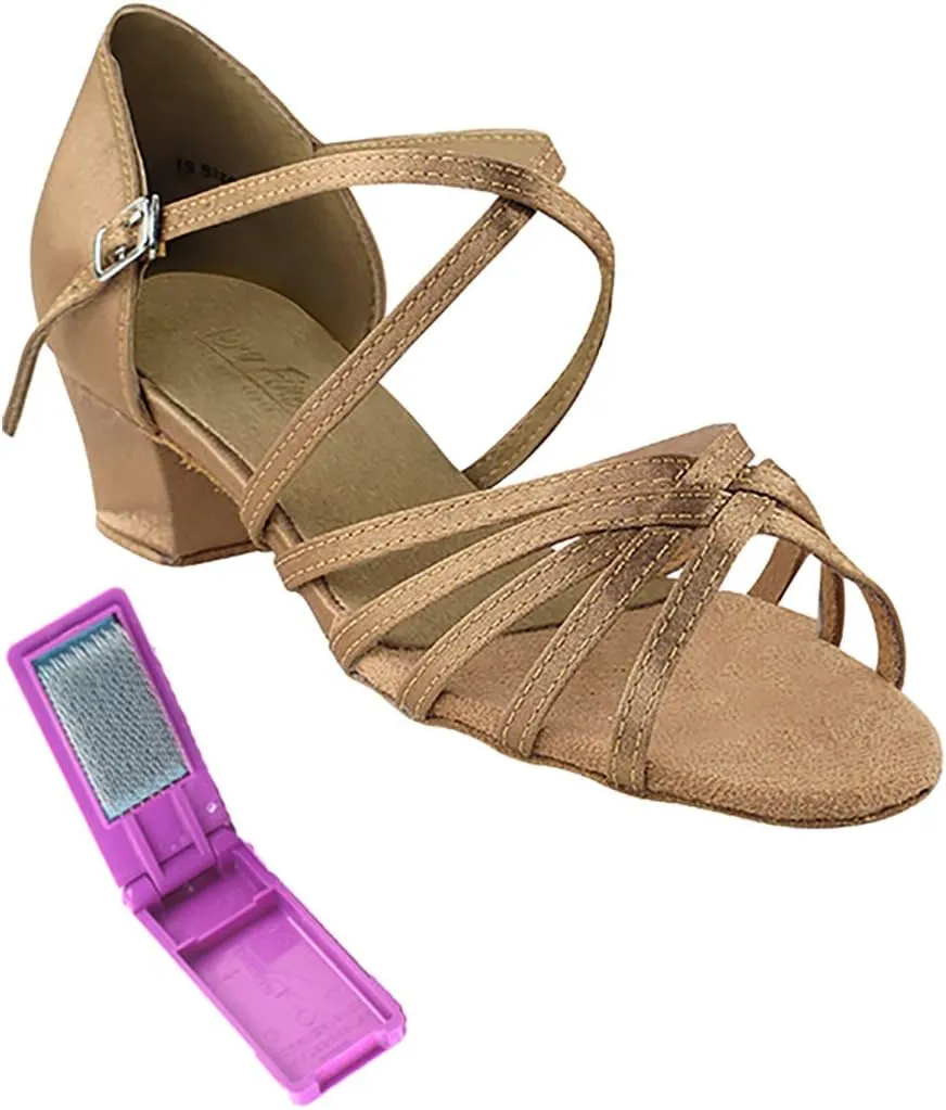 Very Fine Dance Shoes - Ladies Practice, Cuban Low Heel, Waltz Ballroom Dance Shoes - 1670C - 1.5-inch Heel and Foldable Brush Bundle - Brown Satin - 6