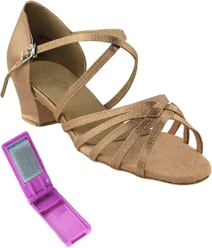 Very Fine Dance Shoes - Ladies Practice, Cuban Low Heel, Waltz Ballroom Dance Shoes - 1670C - 1.5-inch Heel and Foldable Brush Bundle - Brown Satin - 6