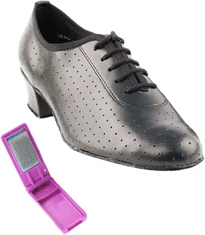 Very Fine Dance Shoes - Ladies Practice, Cuban Low Heel, Waltz Ballroom Dance Shoes - 2001-1.5-inch Heel and Foldable Brush Bundle - Black Perforated Leather - 4.5