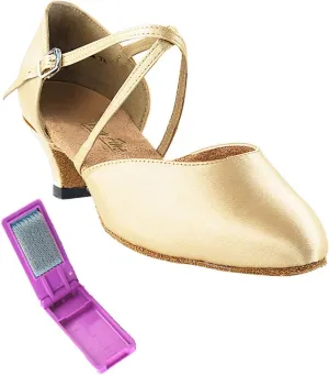 Very Fine Dance Shoes - Ladies Practice, Cuban Low Heel, Waltz Ballroom Dance Shoes - 9691-1.3-inch Heel and Foldable Brush Bundle - Light Brown Satin - 8