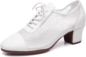 Women Ballroom Dance Shoes Rubber Sole Non-Slip Soft Sole Latin Dance Shoes Mesh Breathable Lightweight Professional Performance Dance Shoes (Color : White-3.5CM/1.37In, Size : 5)