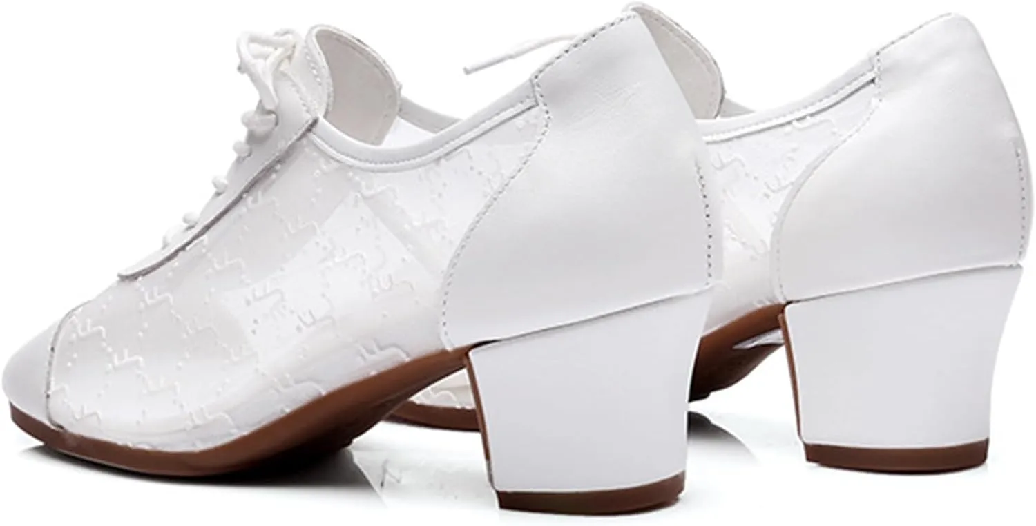 Women Ballroom Dance Shoes Rubber Sole Non-Slip Soft Sole Latin Dance Shoes Mesh Breathable Lightweight Professional Performance Dance Shoes (Color : White-3.5CM/1.37In, Size : 5)