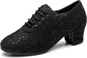 Women Ballroom Dance Shoes Soft Sole Outdoor Square Dance Shoes Mesh Breathable Fashion lace-up Dance Shoes Performance Party Dance Shoes (Color : Black-3.5CM/1.37In, Size : 8)