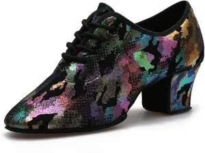 Women Latin Dance Shoes Fashion Camouflage Dancing Shoes Comfortable Breathable Lace-up Outdoor Rubber Sole Dance Shoes Professional Performance Dance Shoes (Color : Color, Size : 9.5)