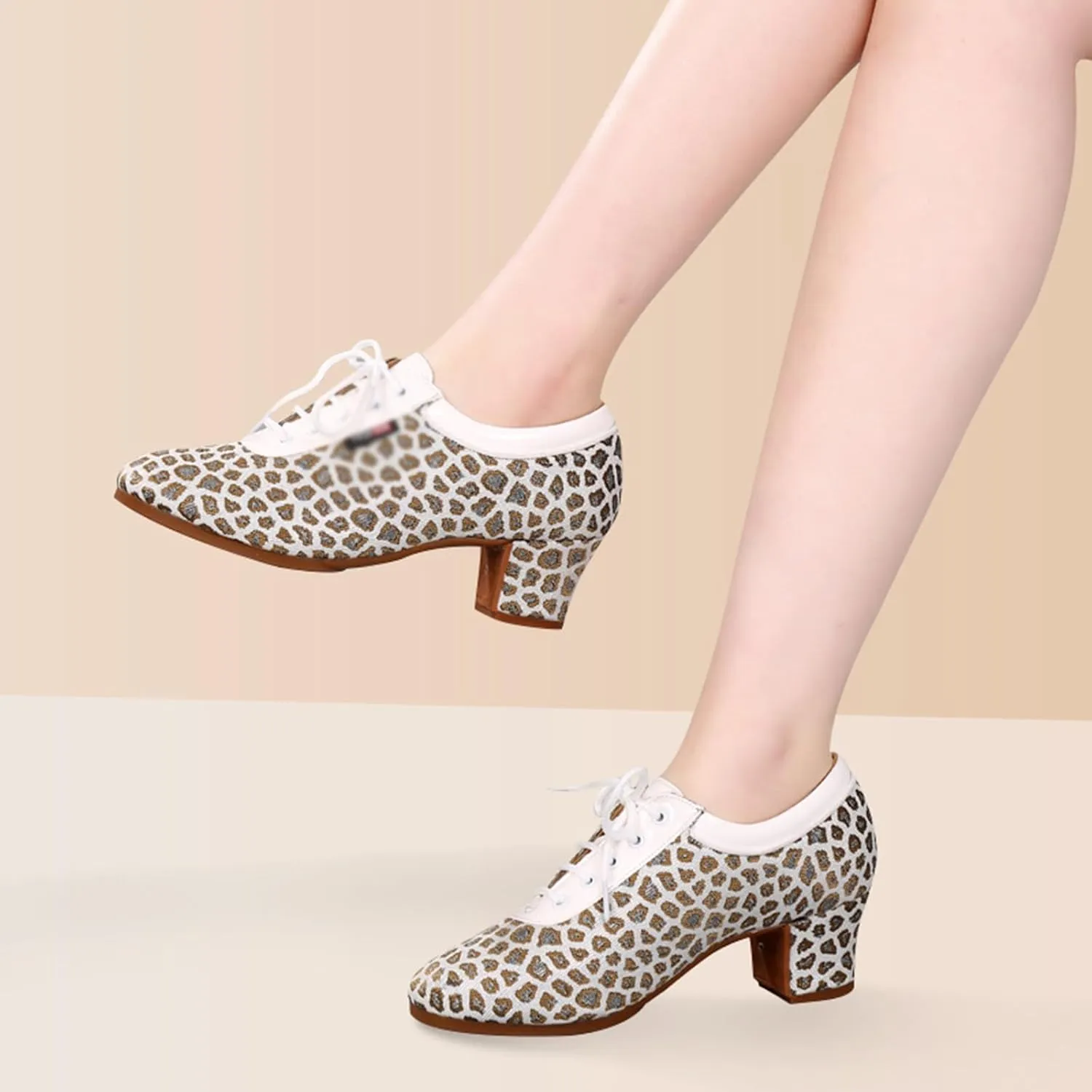 Women Latin Dance Shoes Fashion Leopard Printlace-up Dance Shoes Rubber Sole Non-Slip Professional Performance Dance Shoes Ballroom Dance Pratice Shoes (Color : Gold Leopard print-5CM/1.96In, Size :