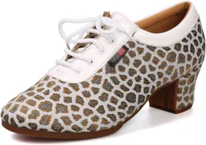 Women Latin Dance Shoes Fashion Leopard Printlace-up Dance Shoes Rubber Sole Non-Slip Professional Performance Dance Shoes Ballroom Dance Pratice Shoes (Color : Gold Leopard print-5CM/1.96In, Size :