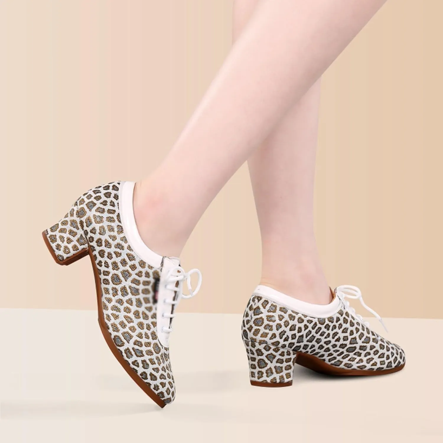 Women Latin Dance Shoes Fashion Leopard Printlace-up Dance Shoes Rubber Sole Non-Slip Professional Performance Dance Shoes Ballroom Dance Pratice Shoes (Color : Gold Leopard print-5CM/1.96In, Size :