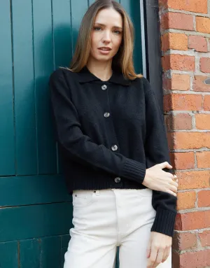 Women's Black Cropped Collared Knitted Cardigan