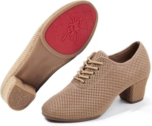 Women's Social Dance Shoes Mesh Breathable Rubber Sole Non-Slip Outdoor Ballroom Dance Pratice Shoes Professional Performance Dance Shoes (Color : Brown-3.5CM/1.37In, Size : 5.5)