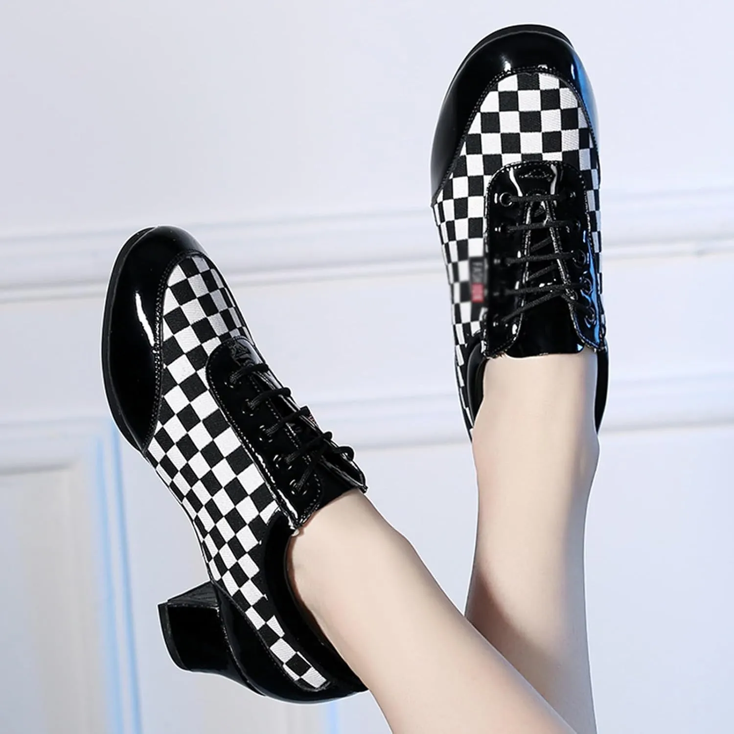 Women's Social Dance Shoes PU Leather Breathable Rubber Sole Soft Sole Ballroom Dance Pratice Shoes Lace Up Performance Party Dance Shoes (Color : White lattice-5CM/1.96In, Size : 7)