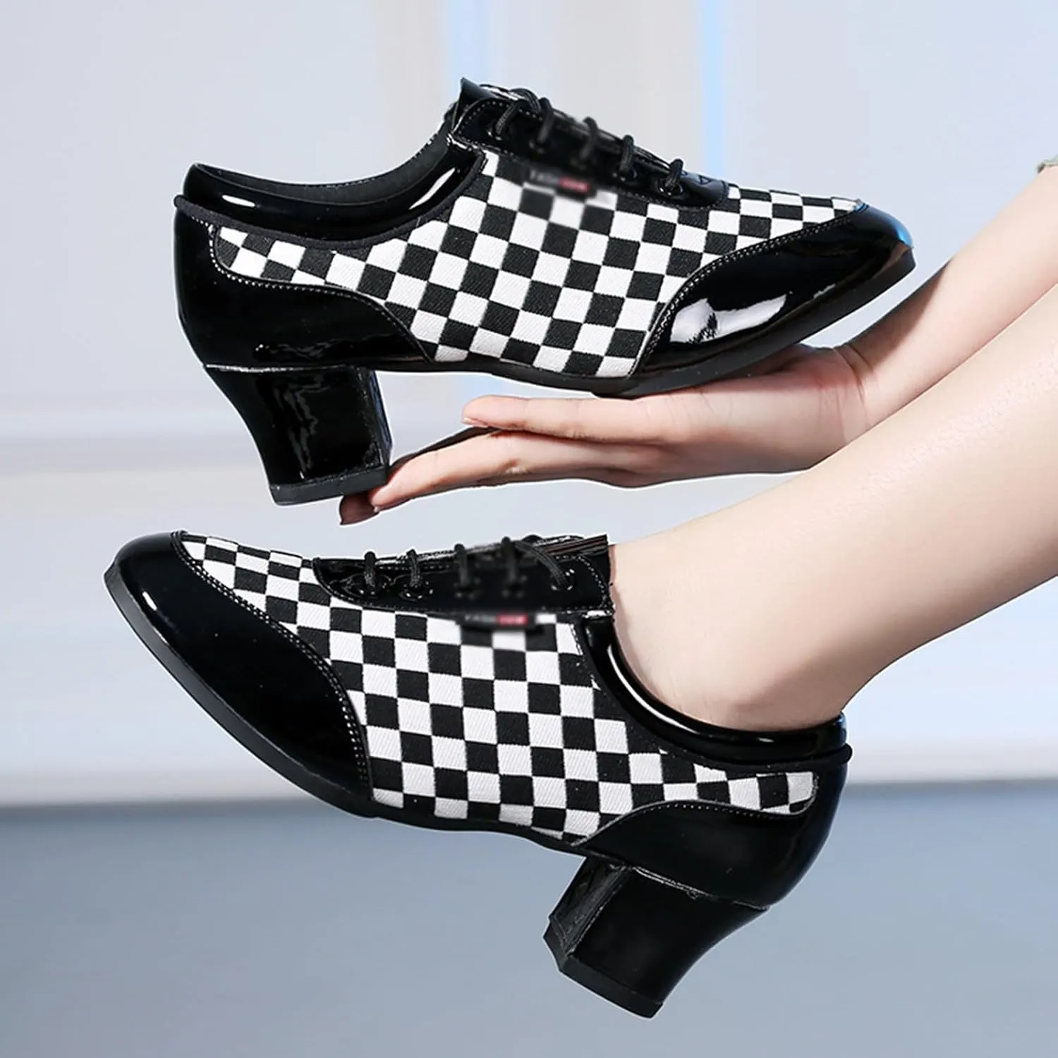Women's Social Dance Shoes PU Leather Breathable Rubber Sole Soft Sole Ballroom Dance Pratice Shoes Lace Up Performance Party Dance Shoes (Color : White lattice-5CM/1.96In, Size : 7)