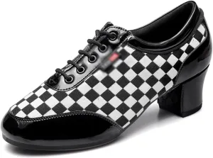 Women's Social Dance Shoes PU Leather Breathable Rubber Sole Soft Sole Ballroom Dance Pratice Shoes Lace Up Performance Party Dance Shoes (Color : White lattice-5CM/1.96In, Size : 7)