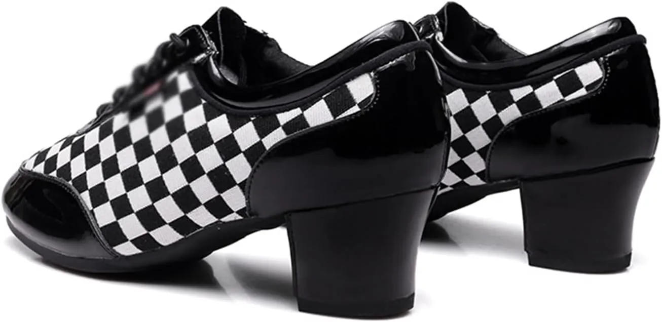 Women's Social Dance Shoes PU Leather Breathable Rubber Sole Soft Sole Ballroom Dance Pratice Shoes Lace Up Performance Party Dance Shoes (Color : White lattice-5CM/1.96In, Size : 7)