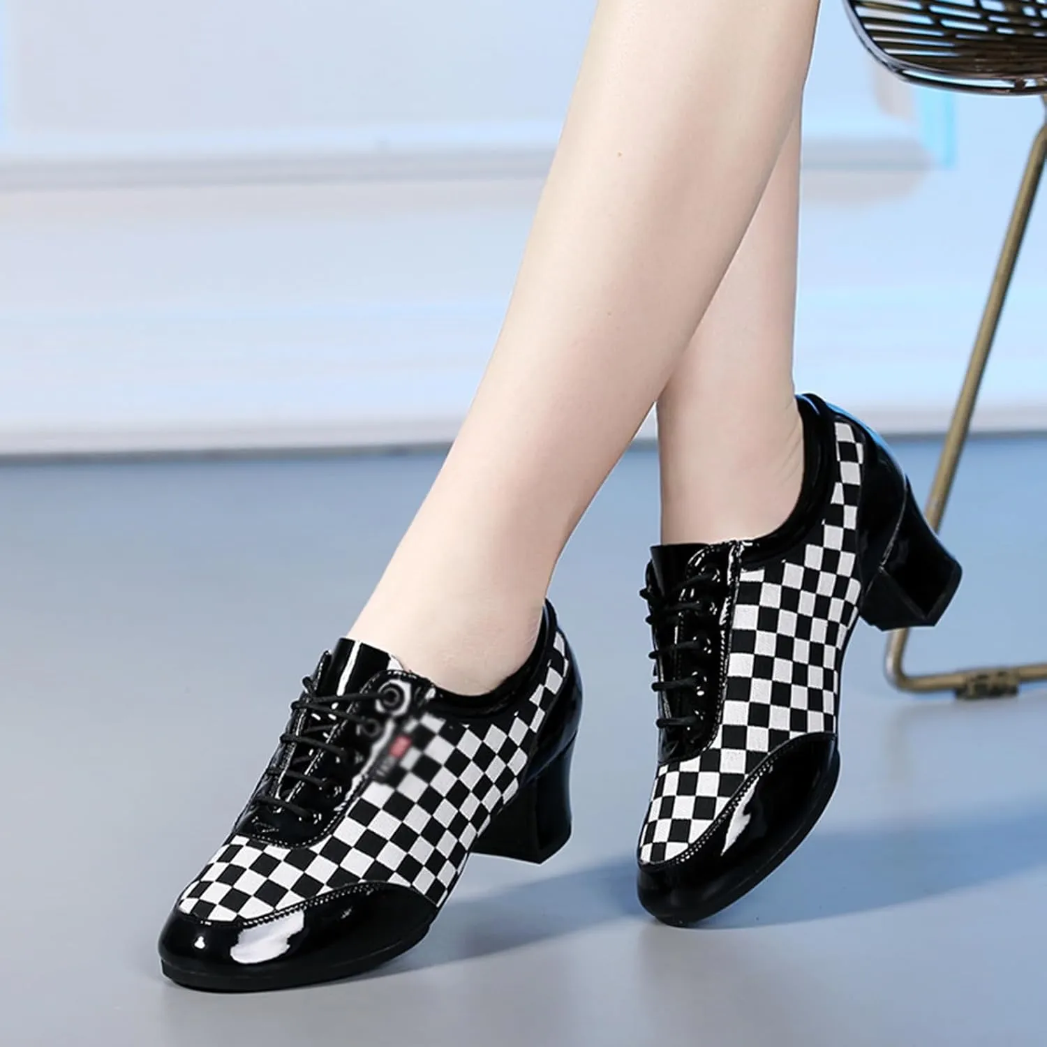 Women's Social Dance Shoes PU Leather Breathable Rubber Sole Soft Sole Ballroom Dance Pratice Shoes Lace Up Performance Party Dance Shoes (Color : White lattice-5CM/1.96In, Size : 7)