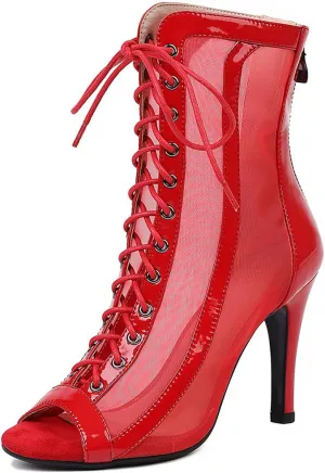 YKXLM Latin Dance Boots Salsa Women Ballroom Lace-up Ankle Open Toe Dance Shoes,953,3 inch Heel,Red,9.5 US