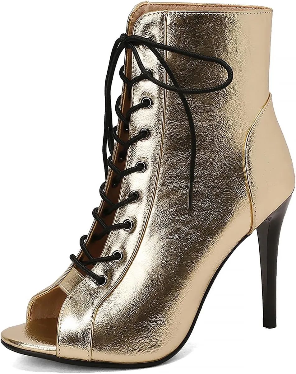 YKXLM Latin Dance Boots Salsa Women Ballroom Lace-up Ankle Open Toe Dance Shoes,9676-1,Gold,6US