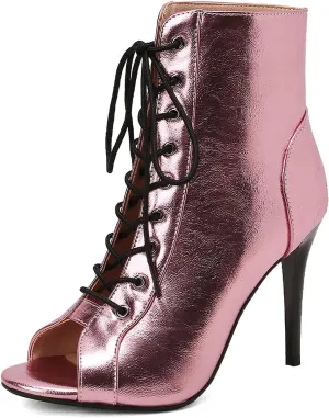 YKXLM Latin Dance Boots Salsa Women Ballroom Lace-up Ankle Open Toe Dance Shoes,9676-1,Pink,8US