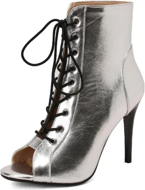 YKXLM Latin Dance Boots Salsa Women Ballroom Lace-up Ankle Open Toe Dance Shoes,9676-1,Silver,4.5US