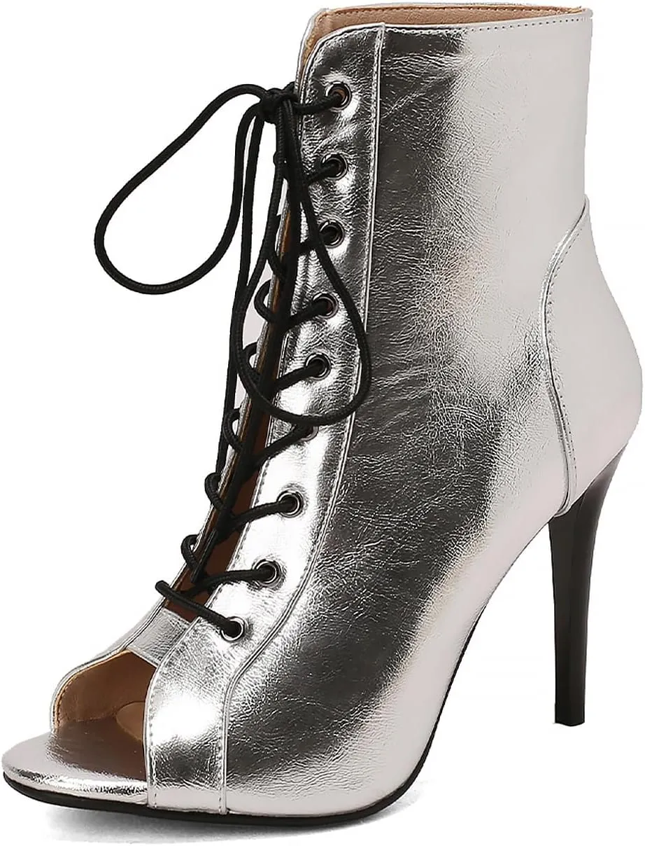 YKXLM Latin Dance Boots Salsa Women Ballroom Lace-up Ankle Open Toe Dance Shoes,9676-1,Silver,4.5US