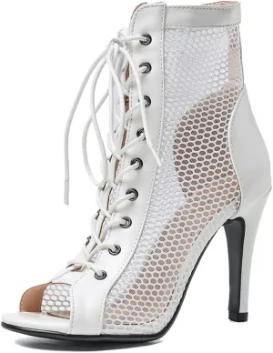 YKXLM Women Open Toe Dance Boots Latin Salsa Ballroom Lace-up Ankle Dance Shoes,B55,3 inch Heel,White,7 US